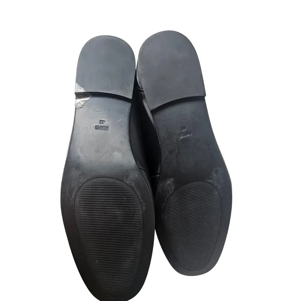 NEW Mango 40 Black Leather Loafer Flat Gold Horsebit Academia Minimalist Classic